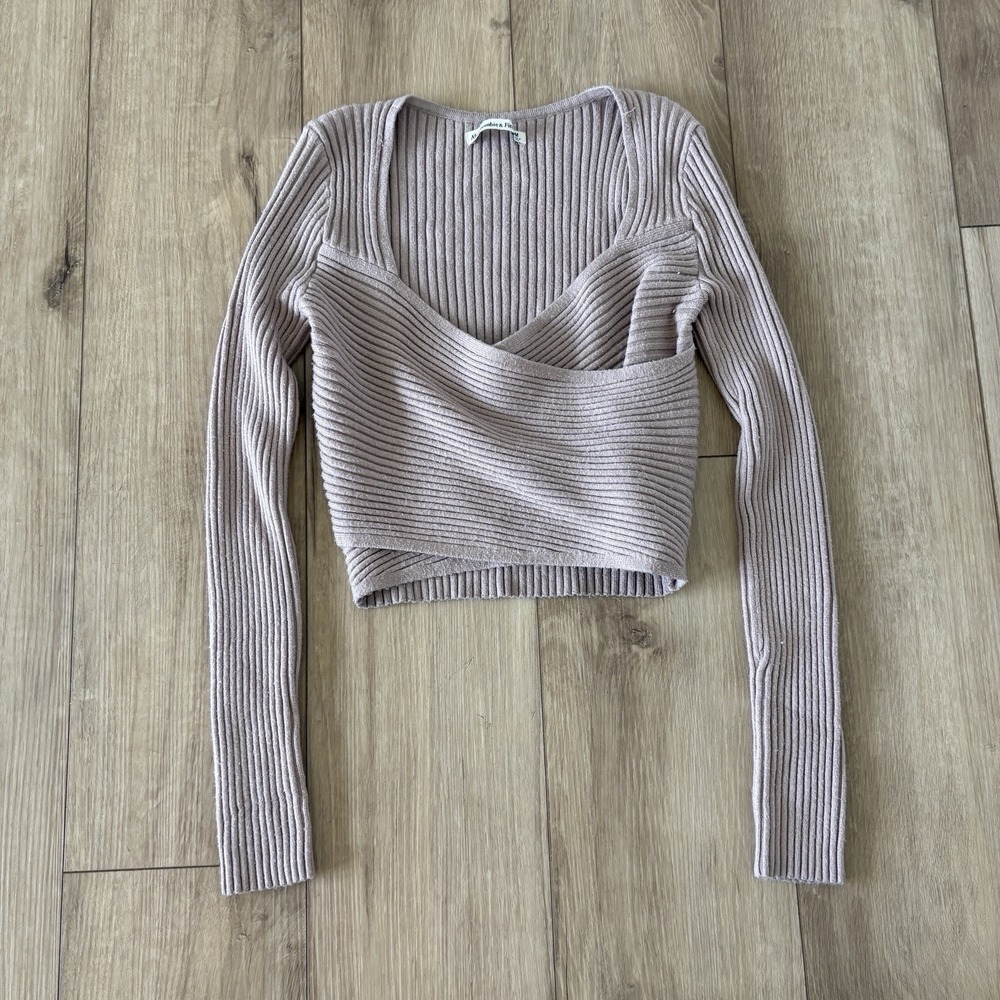 Abercrombie & Fitch Sweater Top Ribbed Wrap‎ Sweetheart Cropped Beige Womens M
